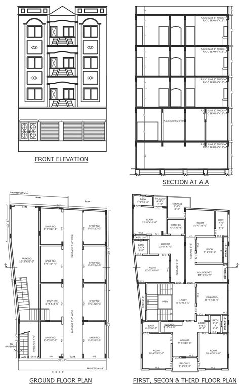 2bhk Apartment With Shops On Ground Floor Plan Section And Elevation