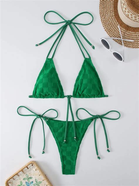 Bikini Verde Con Cuello Halter Para Mujer Ba Ador Sexy Con Lazo Frontal