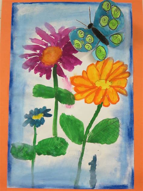 1st grade watercolor flower painting with pastel background, 12" X 18 ...