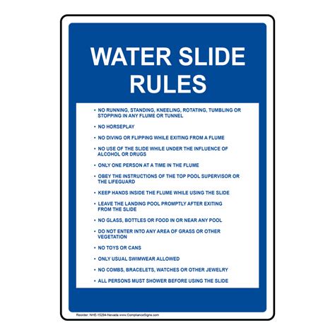 Water Slide Rules Sign NHE-15294-Nevada Swimming Pool / Spa