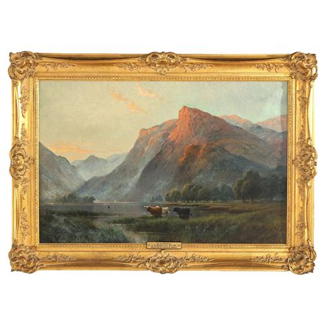 Large Antique Landscape Painting, Lac Au Crepuscule by Alfred De