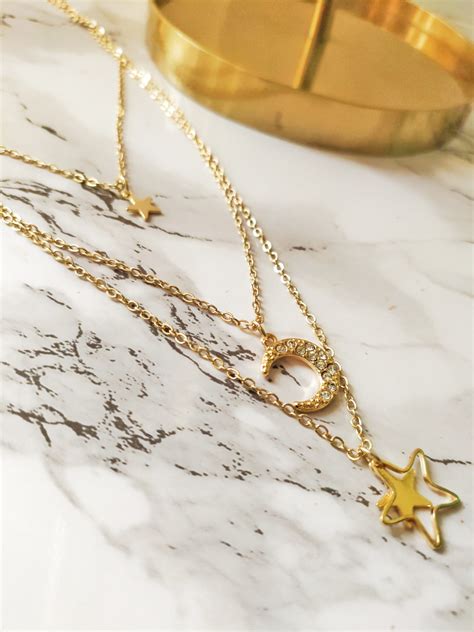 Layered Star And Moon Necklace Blingly