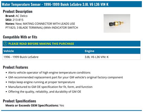 1996 1999 Buick Lesabre Water Temperature Sensor Ac Delco 213 815