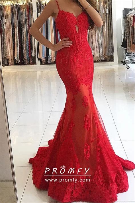 Red Lace Spaghetti Straps Long Mermaid Prom Dress Promfy