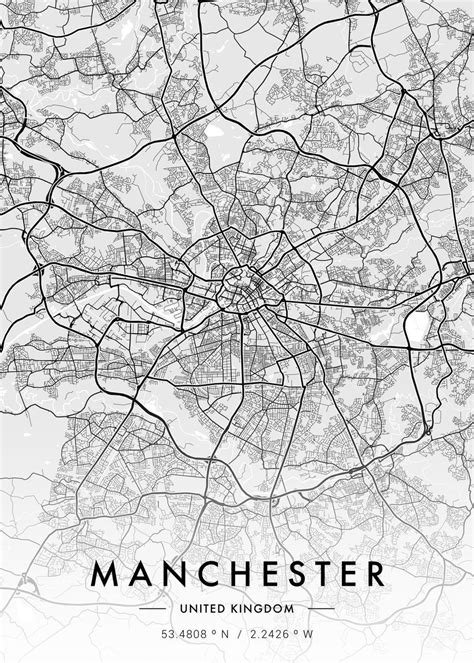 Manchester City Map White Poster By MVDZ Graphic Design Displate