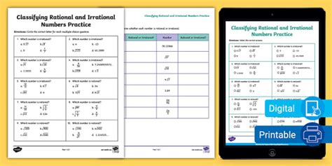 Eighth Grade Classifying Rational And Irrational Numbers Practice