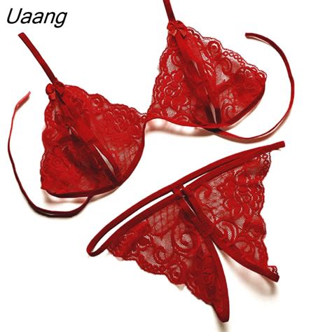 Uaang Size Women Lingerie Perspective Lace Bra Hollow Out Thong Set