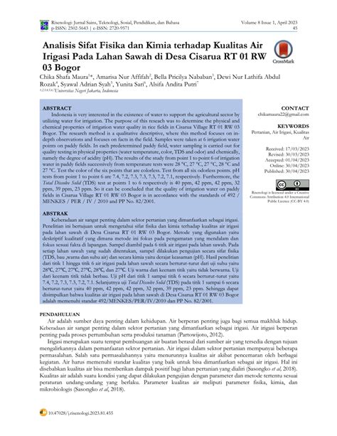 Pdf Analisis Sifat Fisika Dan Kimia Terhadap Kualitas Air Irigasi