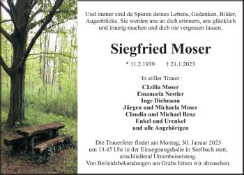 Traueranzeigen Von Siegfried Moser Schwarzw Lder Bote Trauer