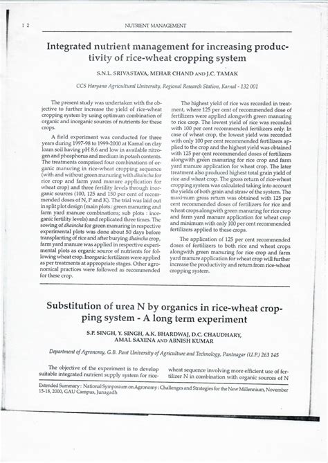 Pdf Integrated Nutrient Management For Increasing Productivity Of Rice Wheat Cropping System