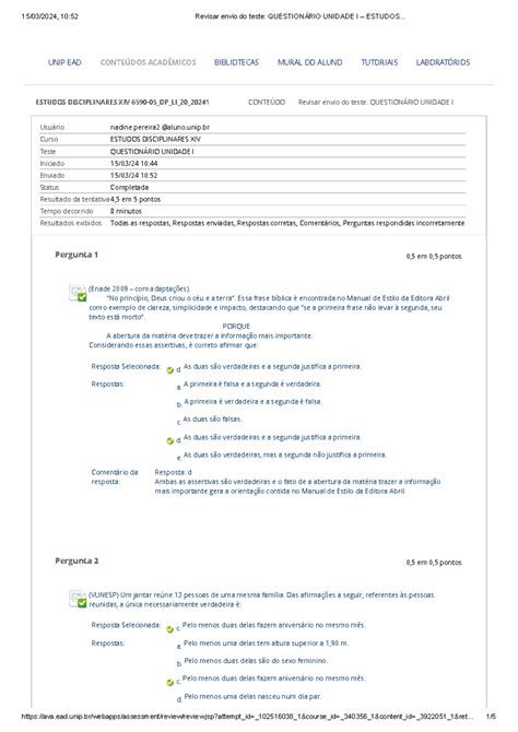 Revisar Envio Do Teste Question Rio Unidade I Estudos Disciplinares