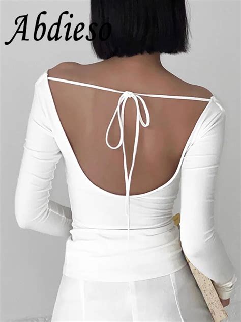 Abdieso Women Sexy Backless Basic Long Sleeve T Shirt Off Shoulder