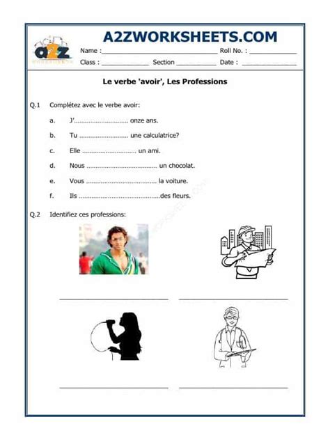 A2zworksheetsworksheet Of French Worksheet Le Verbe Avoir Les Professions French Language