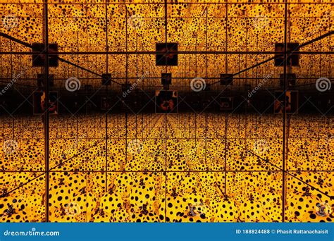 An Infinity Mirroor Room Full with Yellow and Black Polka Dots Pumpkins Installation Art by ...