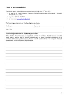 Fillable Online Unive Letter Of Recommendation Universit Ca39 Foscari