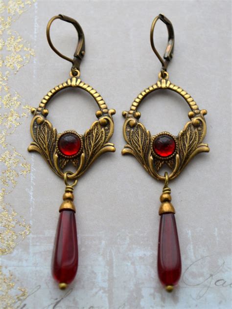 Art Nouveau Art Deco Red Glass Drop Earrings Antiqued Brass Etsy