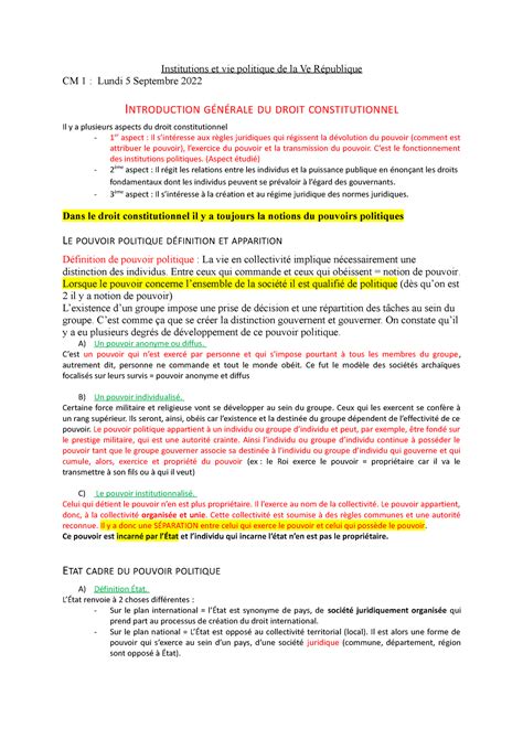 CM Droit Constitutionnel L1 AIX Institutions Et Vie Politique De La