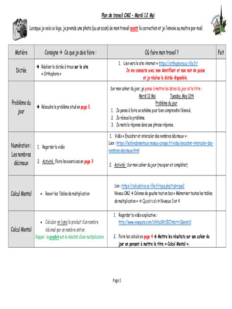 Remplissable En Ligne Plan De Travail Activits Et Exercices Pour Le