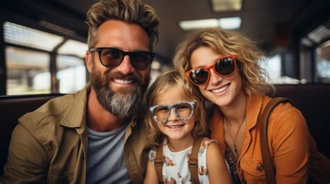 Una familia feliz se prepara para un viaje por carretera en un día