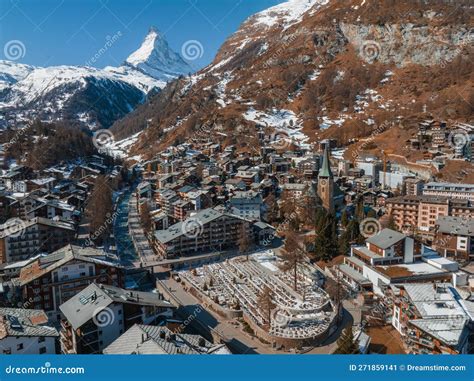 Aerial View on Zermatt Valley Town and Matterhorn Peak in the ...