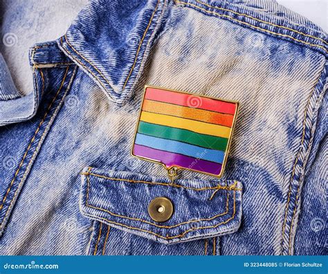 Gay And Lgbt Pride Flag Pin With Rainbow On A Jean Jacket Pocket Stock Illustration