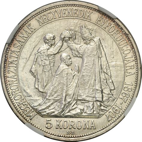 Węgry Franciszek Józef I 5 koron 1907 KB Kremnica NGC MS63 PIĘKNE