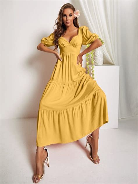 Sweetheart Neck Puff Sleeve Ruffle Hem Dress Shein Usa