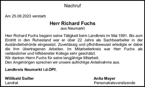 Traueranzeigen Von Richard Fuchs Mittelbayerische Trauer