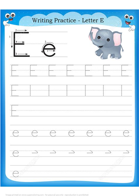 Letter E Is For Elephant Handwriting Practice Worksheet Free