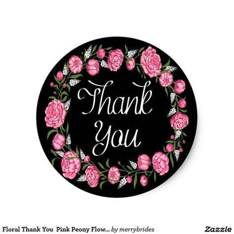 Floral Thank You Pink Peony Flower Black Wedding Classic Round Sticker