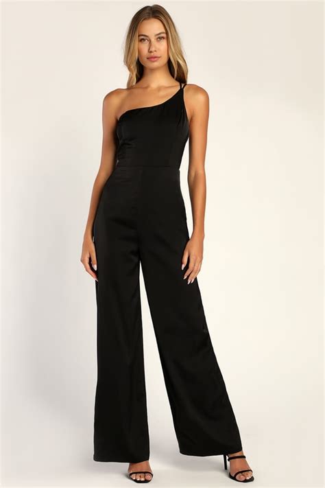 Black Satin Jumpsuit One Shoulder Jumpsuit Wide Leg Jumpsuit Lulus