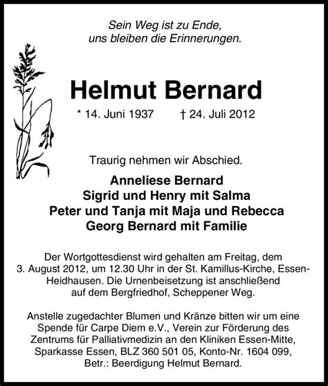 Traueranzeigen Von Helmut Bernard Trauer In NRW De