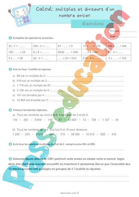 Multiples Et Diviseurs Dun Nombre Entier Exercices De Calcul Pour Le