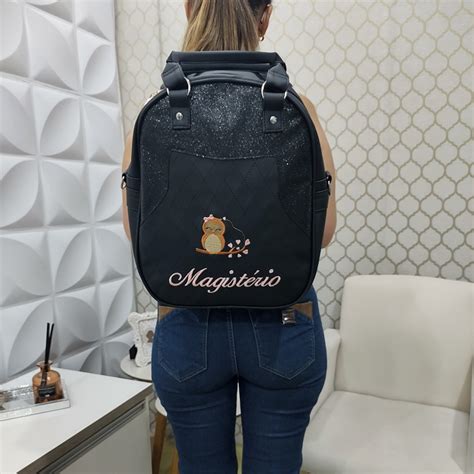 Bolsa Mochila Personalizada Preta Shine Preto Professora Elo