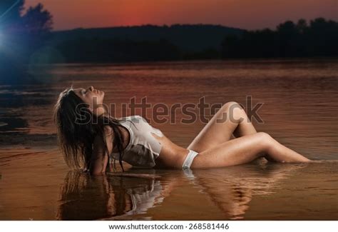 Sexy Brunette Woman Lingerie Laying River Stock Photo 268581446 Shutterstock