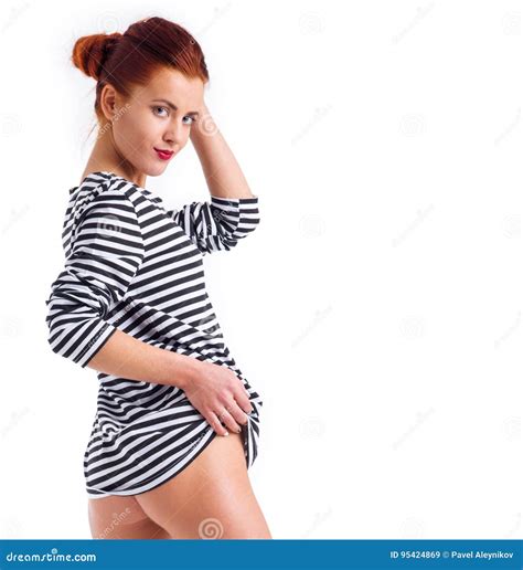 Beautiful Slim Naked Woman Isolated On White Stripes T Shirt Stock