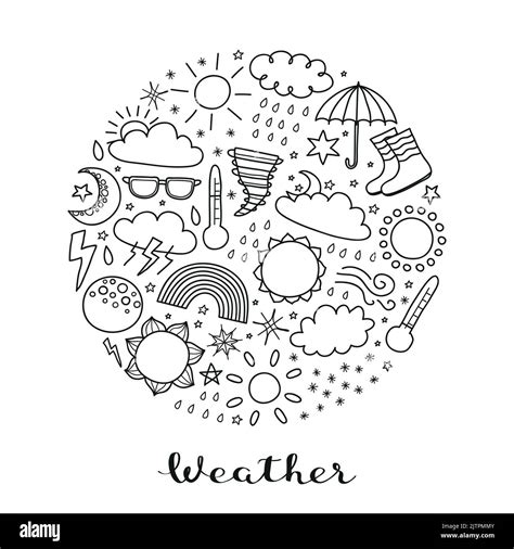 Doodle Outline Weather Icons Including Sun Clouds Rain Drops