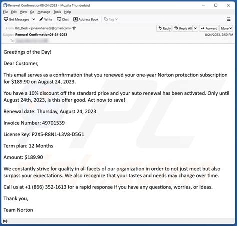 Norton Subscription Renewal Confirmation Email Scam Removal And