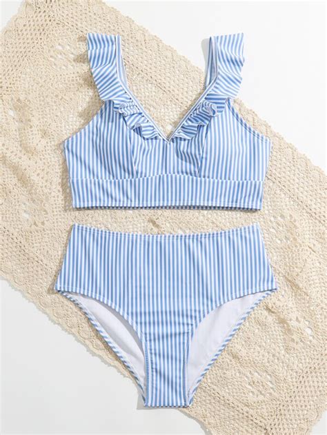 Teen Girls Striped Ruffle Trim Bikini Swimsuit Shein Uk