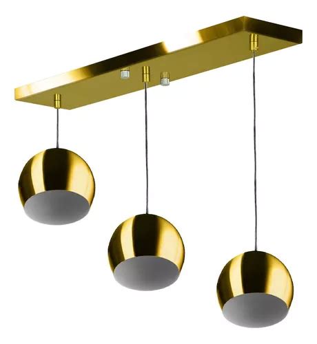 Lustre Pendente Bola Triplo Base Retangular Dourado