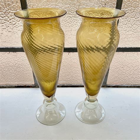 A Matching Pair Of Tall Vintage Mid Century Hand Blown Art Glass Amber Vases The Past And The