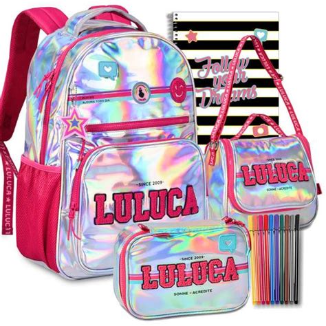 Kit Mochila Lancheira E Estojo Hologr Fica Escolar Luluca Infantil