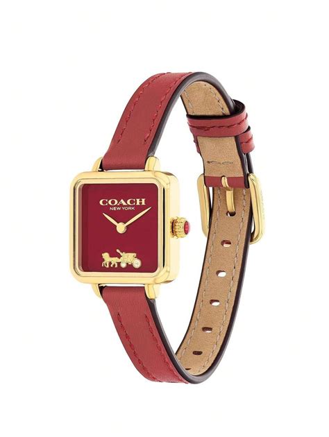 Coach นาฬกาขอมอหญงแบบสเหลยมกบโลโกมสแตงโปรดปรานในสายหนงสดำ