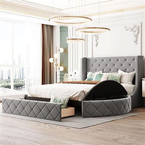 Harper & Bright Designs Gray Wood Frame Queen Upholstered Platform Bed ...