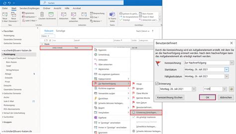 Erinnerung in Outlook hinzufügen Mail Aufgaben Termine