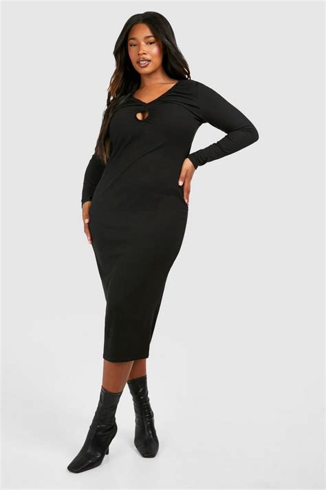 Plus Rib Key Hole Detail Long Sleeve Midi Dress Boohoo Uk