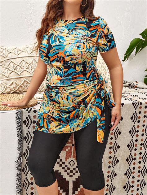 SHEIN Swim Mulvari Traje de baño burkini con estampado tropical en