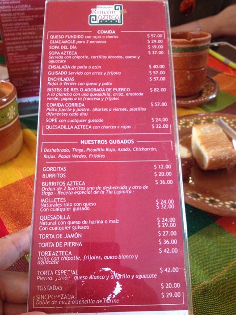 Carta de Restaurant Rincón Azteca Durango Calle 5 de Febrero 1117