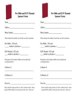 Fillable Online Pew Bible And ELW Hymnal Sponsor Form Fax Email Print