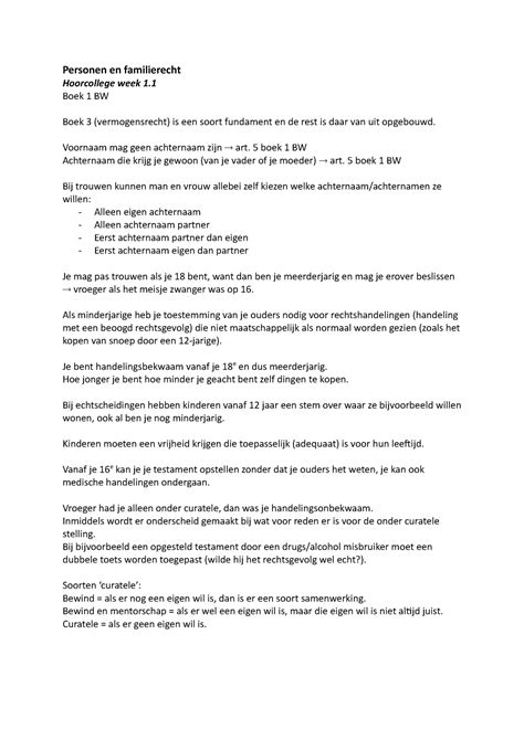 Personen En Familierecht Hoorcollege En Werkgroep Aantekeningen Van